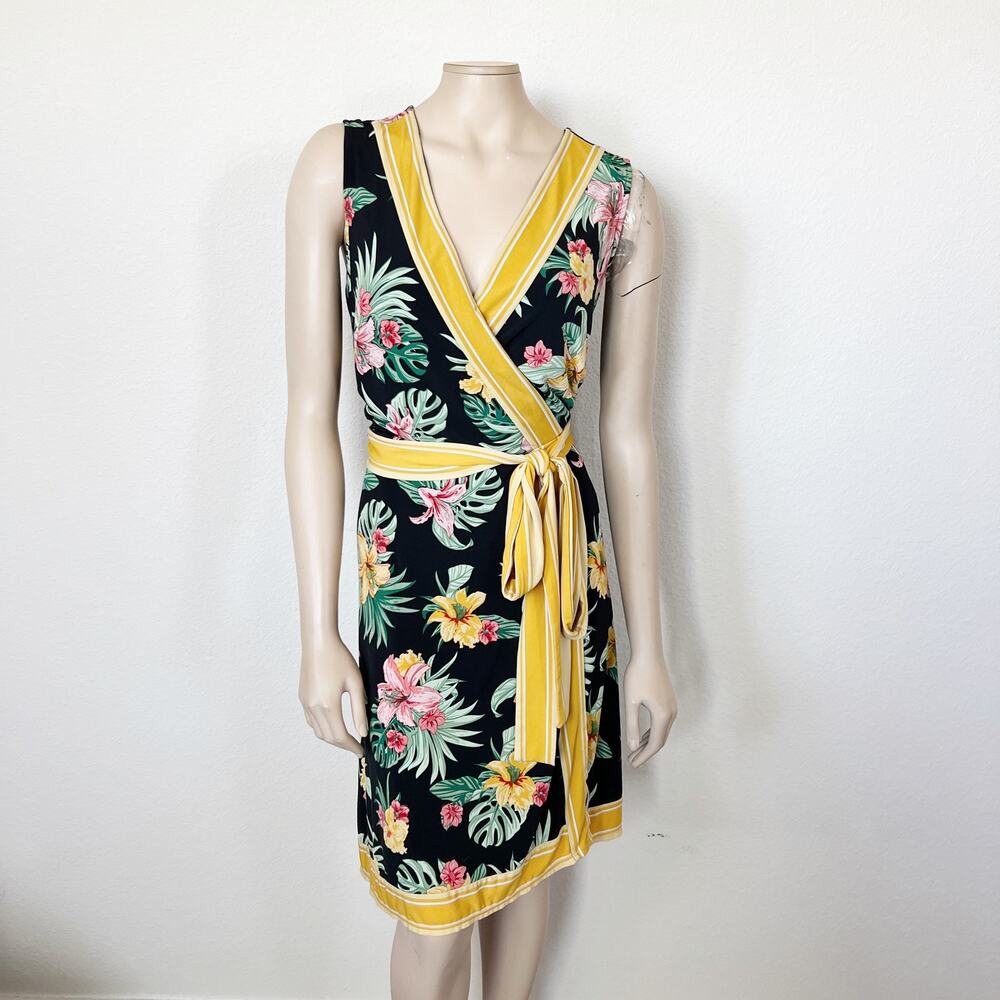 [Cheztu] Navy Blue Yellow Tropical Floral Print Sleeveless Wrap Dress Size 18